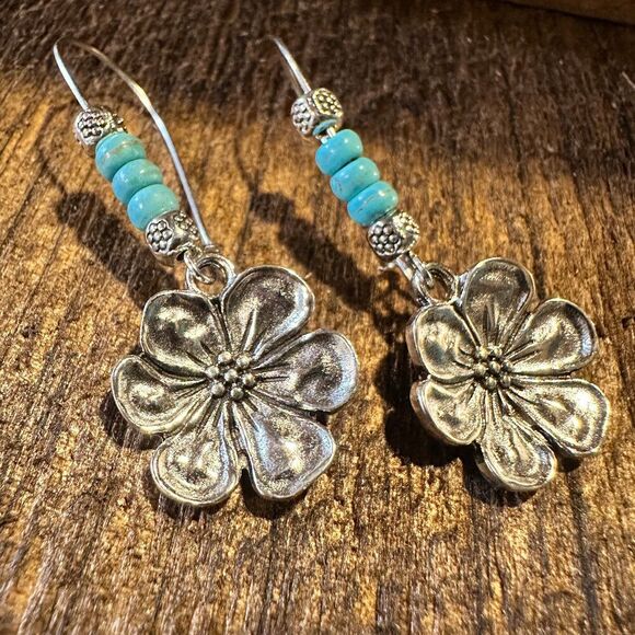 Boho Hippie Vintage Cowgirl Floral Turquoise Wire Drop Earrings, Gift Box - Picture 1 of 5